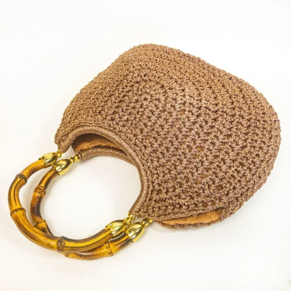 Vintage Brandeis Brown Macrame Clamshell Handbag Bamboo Handles - Picture 6 of 13